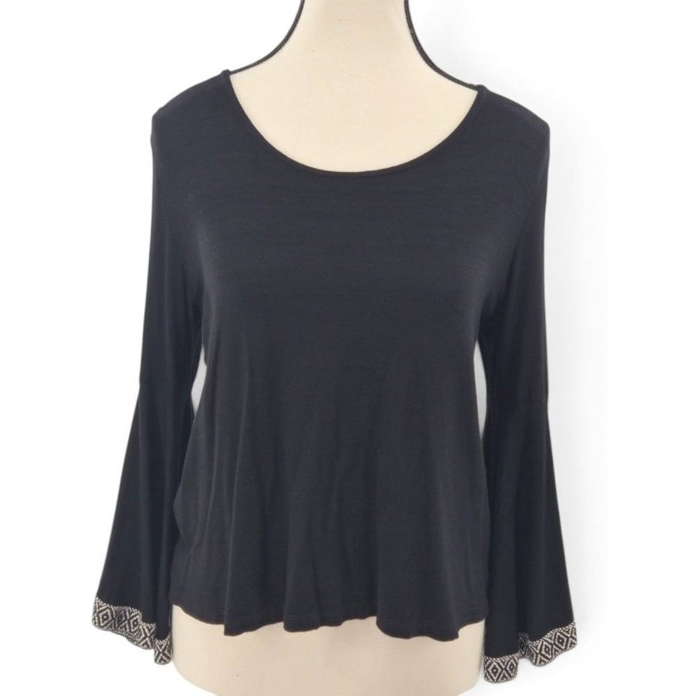 W5 Flared Bell Sleeve Top Women's Med Black Embroidered Trim Boho Gypsy USA Made